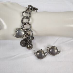 Jim Clift Pewter Tea Set Charm Bracelet Earrings Teapot Cup Spoon Vintage